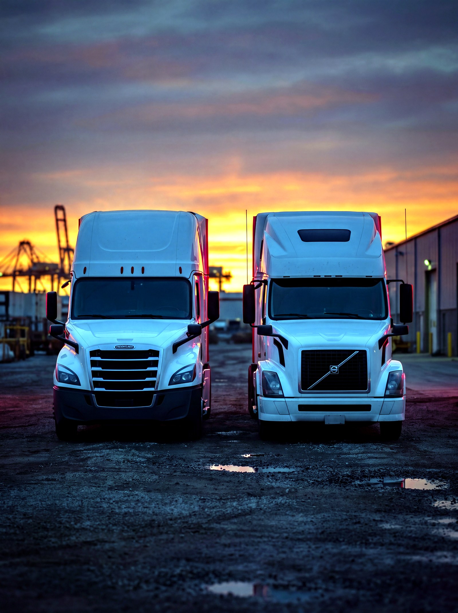 Two Capture Logistics trucks at sunset